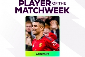 传射建功！卡塞米罗当选英超第24轮最佳球员